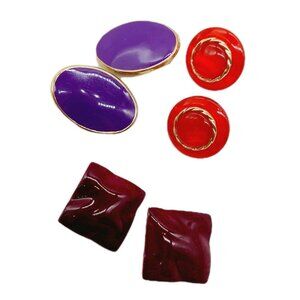Set Of 3 Earrings Purple Red Gold Square Round Oval 80' Plastic Acrylic